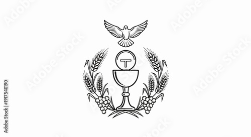 Religious symbol with chalice, dove, wheat, and grapes