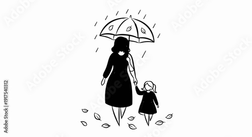 Mother and child under umbrella in falling rain and leaves