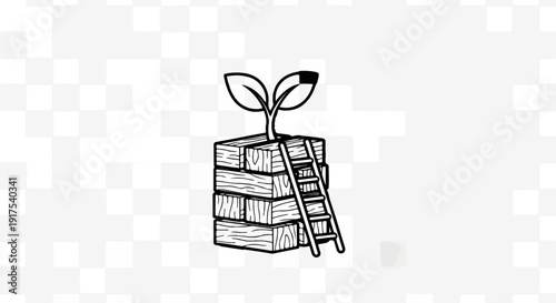 Seedling sprouts from stacked lumber with a ladder for growth
