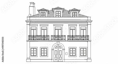 Ornate facade with multiple windows, balconies, and mansard roof