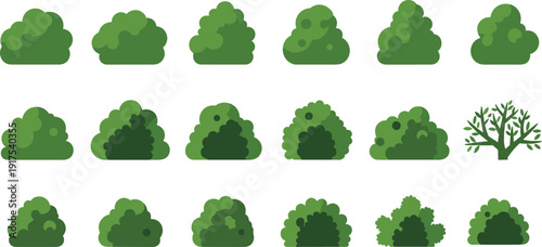 Cartoon bush icon collection set, green garden shrubs and trees, decorative nature plants for landscape design, flat vector illustration