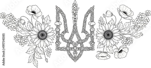 Ornate floral border frames a central ornamental trident with sunflowers and poppies