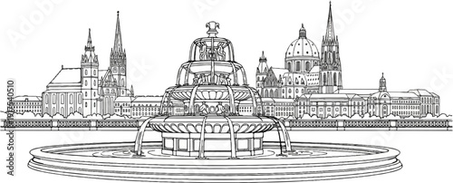 Ornate fountain in foreground before a detailed cityscape with spires and domes