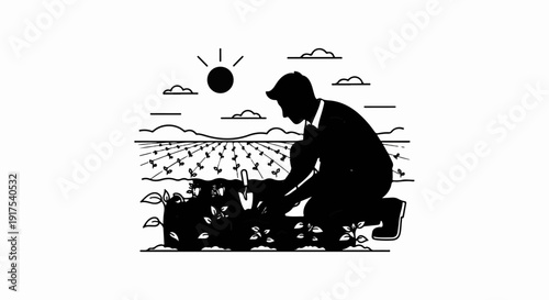 Silhouette of a person tending to crops in a field under a sunny sky