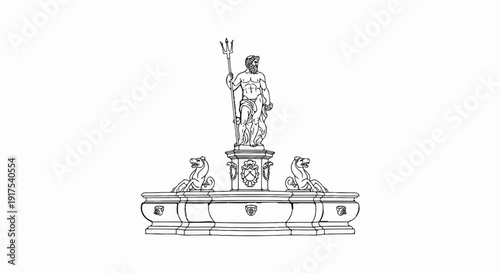 Ornate fountain sculpture depicts a muscular figure holding a trident