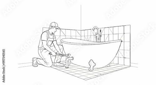 Person in overalls working on plumbing near a clawfoot bathtub