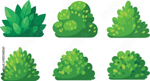 Cartoon green bush set collection, decorative garden shrub plants, isolated leafy foliage elements for landscape design, flat vector illustration