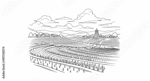 Serene terraced rice fields with distant pagoda and village scenes