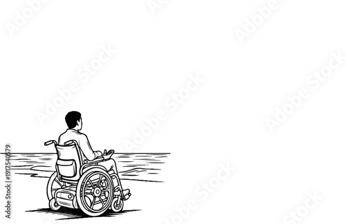 Person in powered wheelchair facing tranquil ocean waters