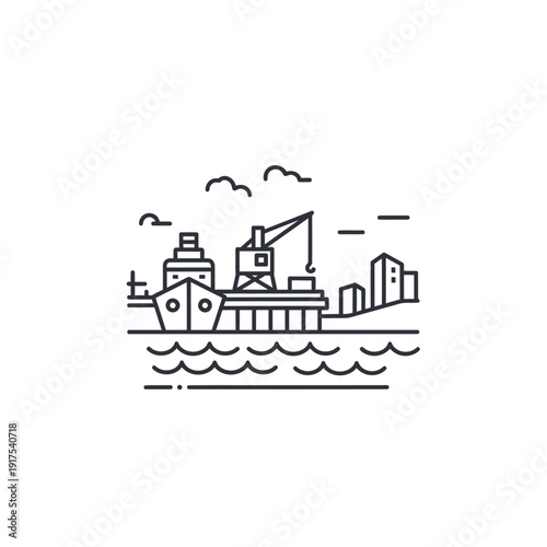Minimalist Line Art Illustration of a Harbour Scene with Ship and Crane