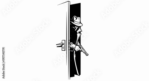 Shadowy figure in fedora and trench coat peeks from doorway, holding handgun