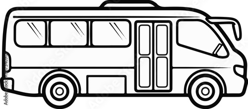 Side view of a black and white line drawing of a small bus or shuttle