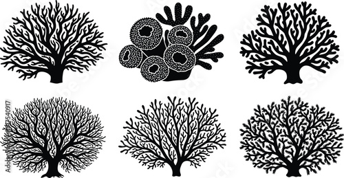 Coral reef silhouette collection set, underwater marine branches and sea flora, black ocean nature elements, flat vector illustration