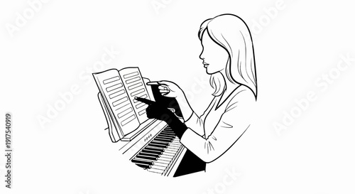 Person instructing at a piano with sheet music
