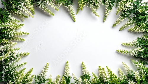 Fresh floral frame made of delicate white blooms and lush green leaves creating a vibrant border on a clean white background ideal for copy space . perfect any project.