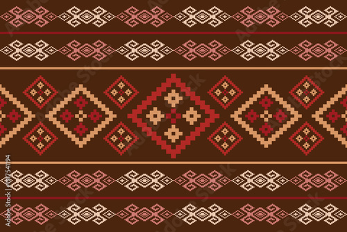 Seamless ethnic border pattern with red and beige diamond ornaments on brown background. Pixel woven textile style geometric design perfect for fabric print, wallpaper, wrapping paper and decor.