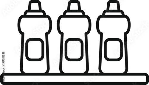Household detergent or fabric softener bottles lined up on a shelf in line art style
