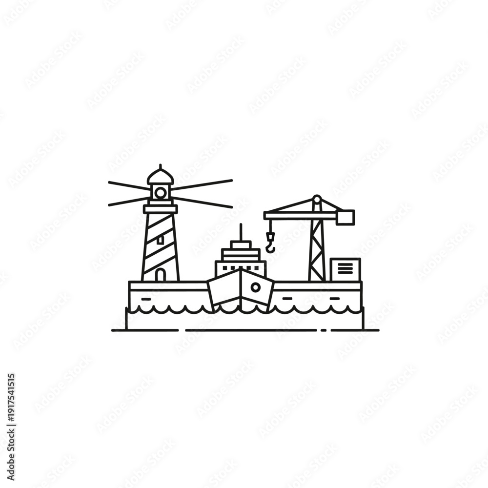 Naklejka premium Minimalist Line Art Illustration of Lighthouse and Harbor Scene