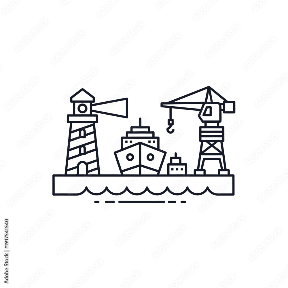 Fototapeta premium Minimalist Line Art Illustration of Lighthouses and Boat at Sea