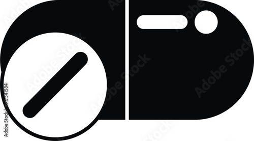 Black and white icon illustrating a capsule pill and a tablet for medical use