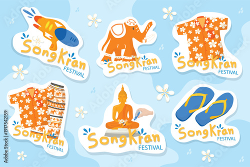 Illustration songkran festival sticker with hawaiian shirt, elephant pants, water gun, pouring water buddha statues and thai flip flops