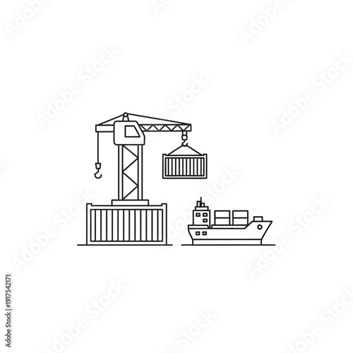 Minimalist Line Drawing of Cargo Crane Loading Containers onto Ship at Port