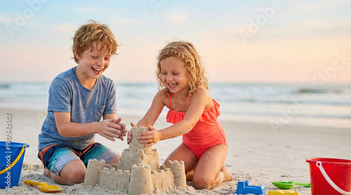 Two children building a sandcastle together on the beach at sunset  