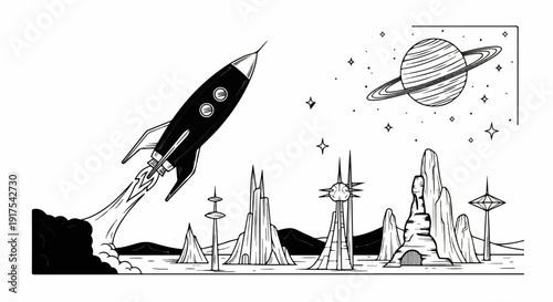 Retro rocket blasts off from alien landscape beneath a ringed planet