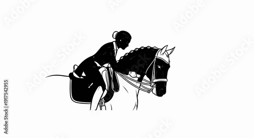 Rider and horse in a black and white illustration