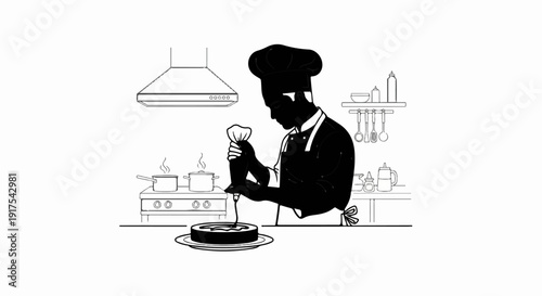 Silhouette chef decorating cake in a kitchen with pots and utensils