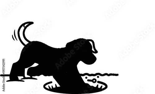 Silhouette of a playful dog digging for a bone in the ground