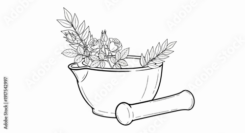 Outline of a mortar and pestle with delicate roses and leaves