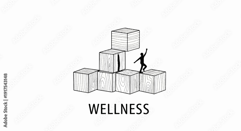 Fototapeta premium Silhouette figure climbs wooden blocks, symbolizing growth and well-being