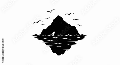 Silhouette of a rocky island with an opening, surrounded by choppy seas and flying birds