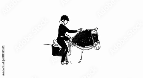 Rider in helmet and formal attire gently strokes a horse's mane