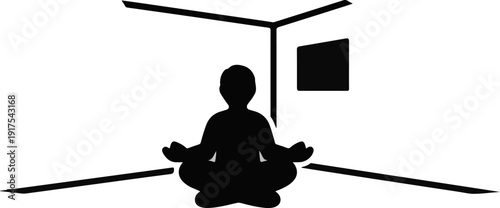 Silhouette figure meditating in a room corner with a square on the wall