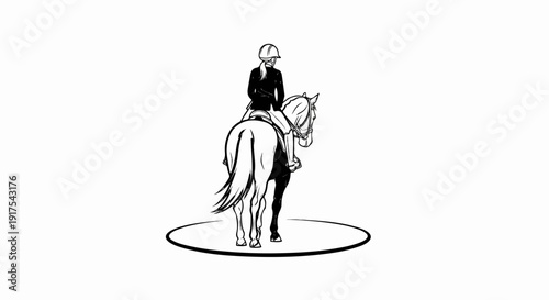 Rider in helmet on horse with flowing mane, standing within a circle