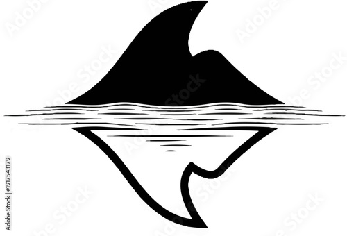 Silhouette of a shark fin rising from water, reflected below