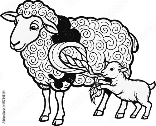 Mother sheep and lamb, with stylized wool and leaves