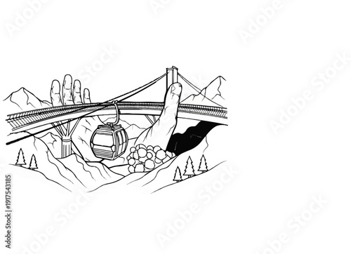 Mountain bridge with cable car, surreal giant hand, and rocky terrain