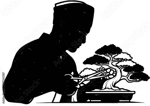 Person meticulously pruning a small, stylized tree in a pot with scissors