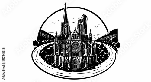 Ornate gothic cathedral framed by a road and rolling hills