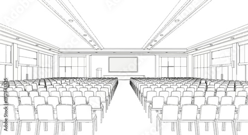 Outline sketch of a large, empty conference hall with rows of chairs and a screen