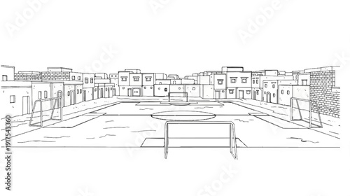 Outline sketch of a soccer field and buildings