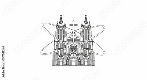 Ornate gothic cathedral facade with superimposed orbital paths