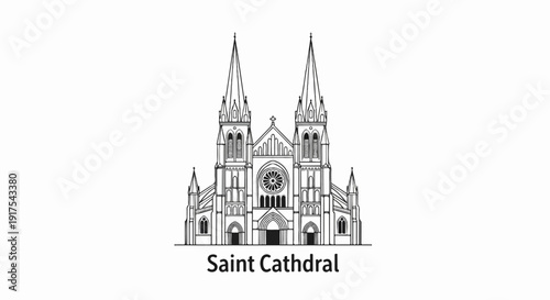 Ornate Gothic cathedral illustration with twin spires and circular window