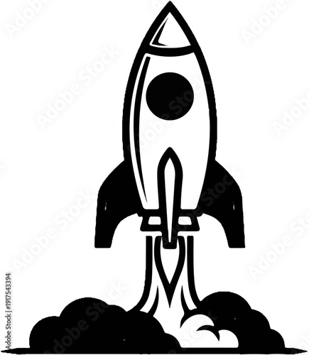 Silhouette of a stylized rocket launching, with smoke billowing