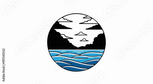 Oval emblem with dark mountains, blue water waves, and sky