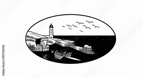 Oval illustration of a lighthouse on a cliff with seagulls flying over the ocean