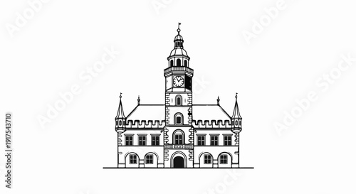 Ornate, historical building facade with central clock tower and flanking spires